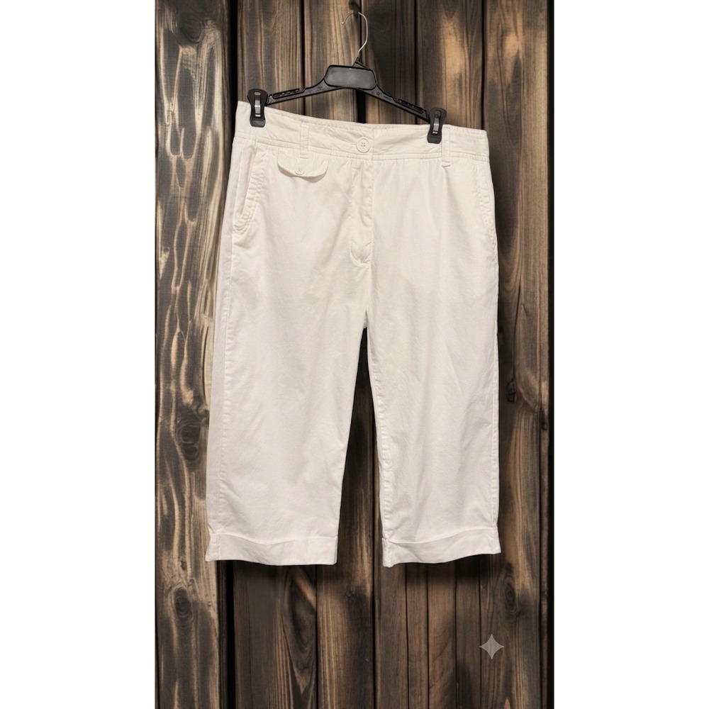 Jaqueline Design Studio Womens White Cotton Cropped Capri Pants Cuffed Size 10
